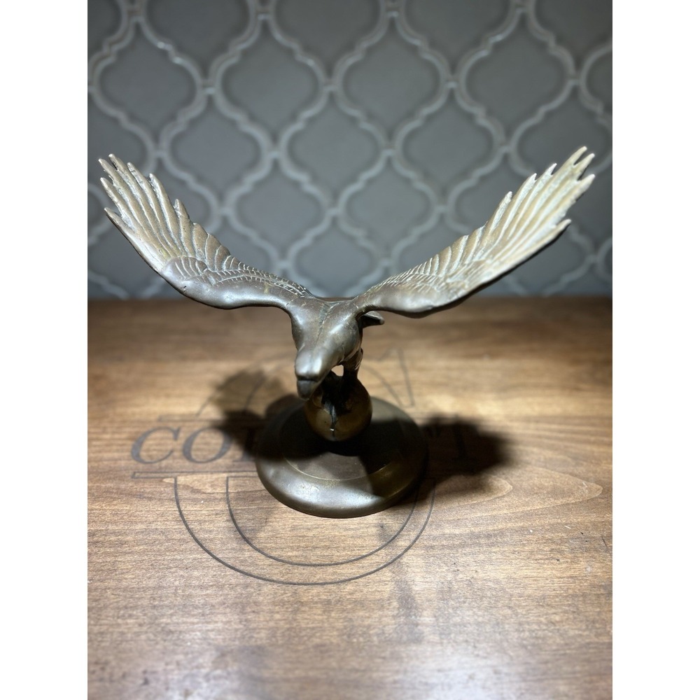 Solid Brass Eagle Perched On Ball Very Heavy About 5 Pounds Great Patina Vintage